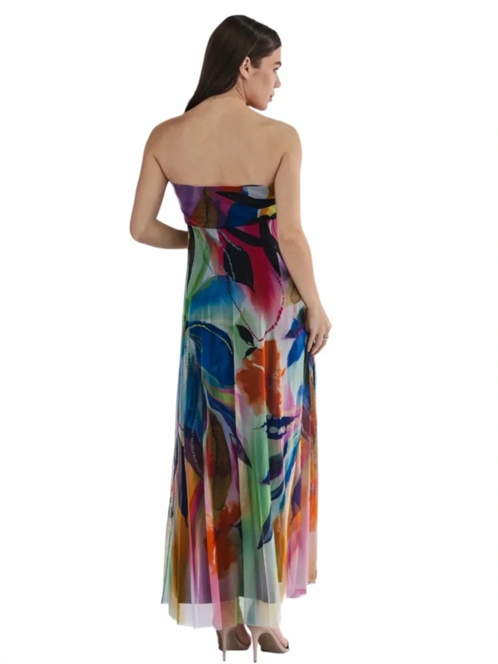 Elana Kattan MORGAN 817 Long Strapless Flared Empire Mesh Print Dress Size Large